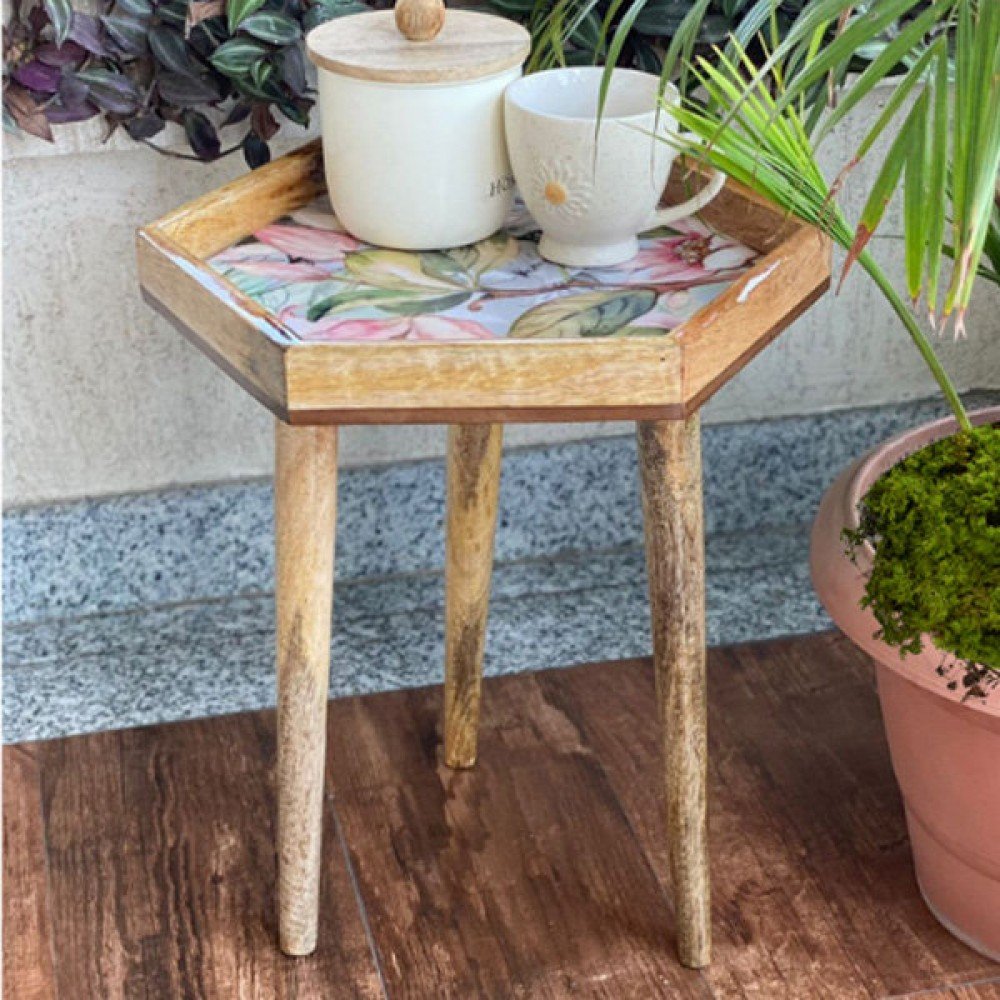 Handmade Hexagonal Side Table with Detachable Legs Spring Flower