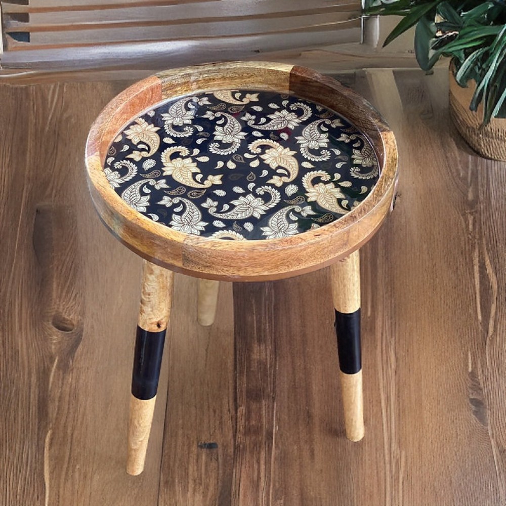 Handmade Side Table Solid Mango Wood Detachable Legs French Paisley