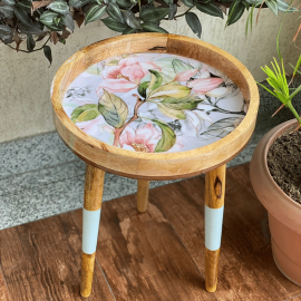 Handmade Side Table Solid Mango Wood Detachable Legs Spring Flower