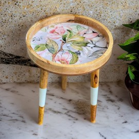 Handmade Side Table Solid Mango Wood Detachable Legs Spring Flower