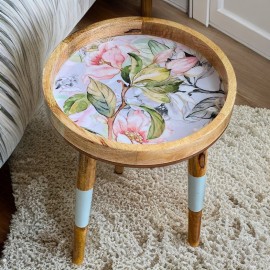 Handmade Side Table Solid Mango Wood Detachable Legs Spring Flower