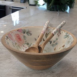 Large Serving Bowl with Lid & Spoons Floral