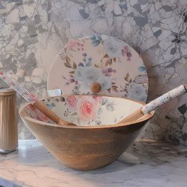 Large Serving Bowl with Lid & Spoons Floral