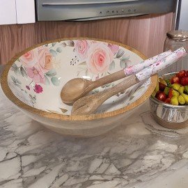 Large Serving Bowl with Lid & Spoons Floral