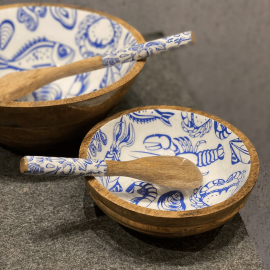 Set of 2 Mango Wood Portion Bowls with Spoon Ocean