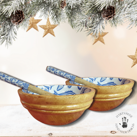 Set of 2 Mango Wood Portion Bowls with Spoon Ocean