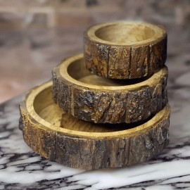 Set of 3 Handmade Serving Bowls Natural Bark Finish