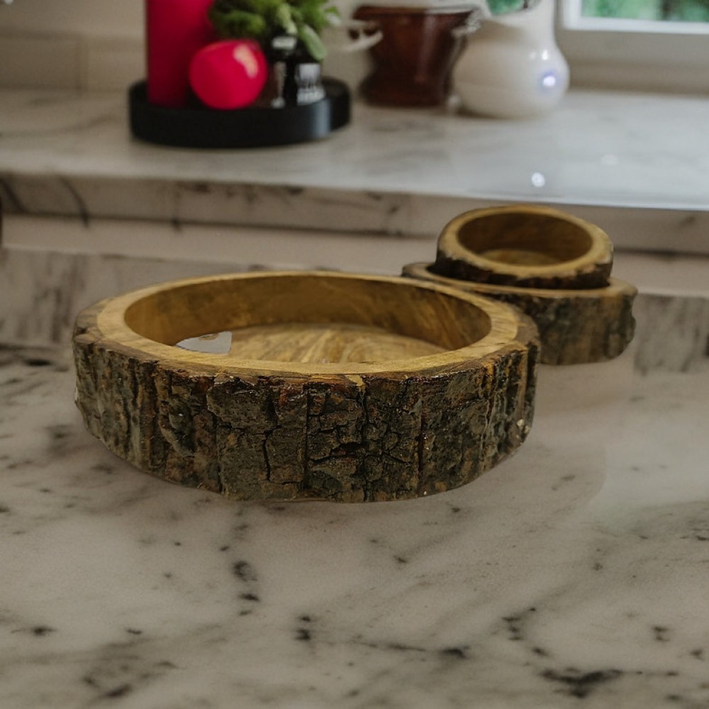 Set of 3 Handmade Serving Bowls Natural Bark Finish