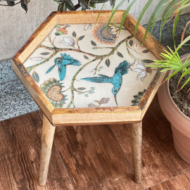 Handmade Hexagonal Side Table with Detachable Legs Hummingbird