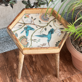 Handmade Hexagonal Side Table with Detachable Legs Hummingbird