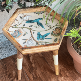 Handmade Hexagonal Side Table with Detachable Legs Hummingbird