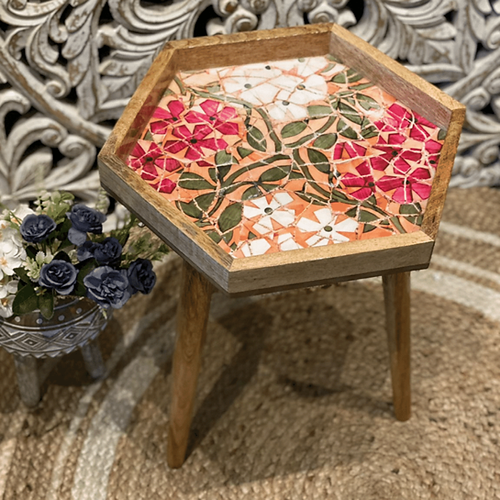 Handmade Hexagonal Side Table with Detachable Legs Mosaic