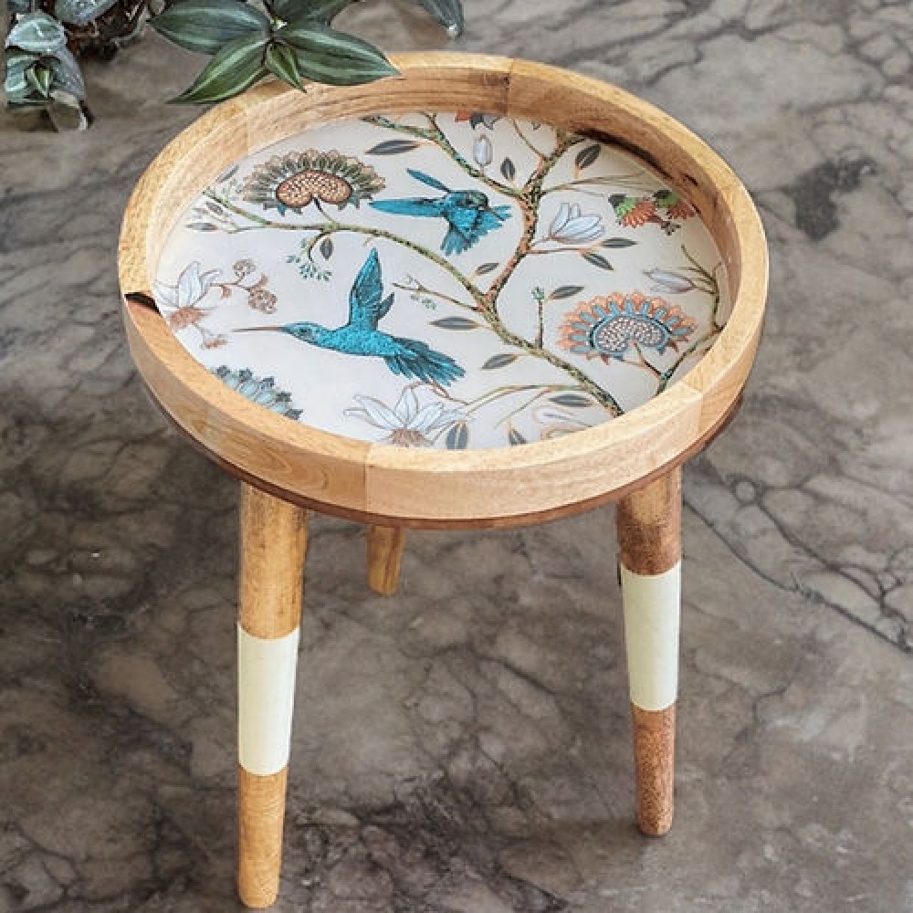 Handmade Side Table Mango Wood Detachable Legs Hummingbird